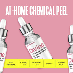 Divine Derriere bottle beside ingredient list emphasizing high glycolic content for effective exfoliation
