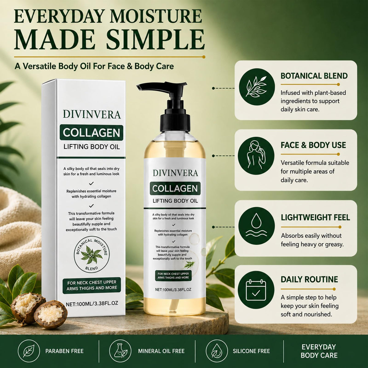 Divinvera oil swiped on arm showing silky, moisturized skin