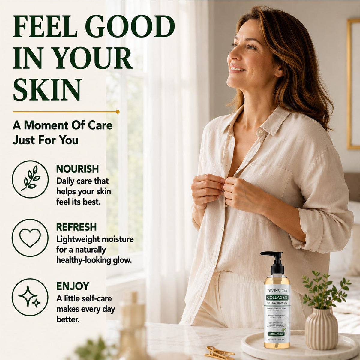 Divinvera on bathroom shelf in lifestyle setting for daily routine