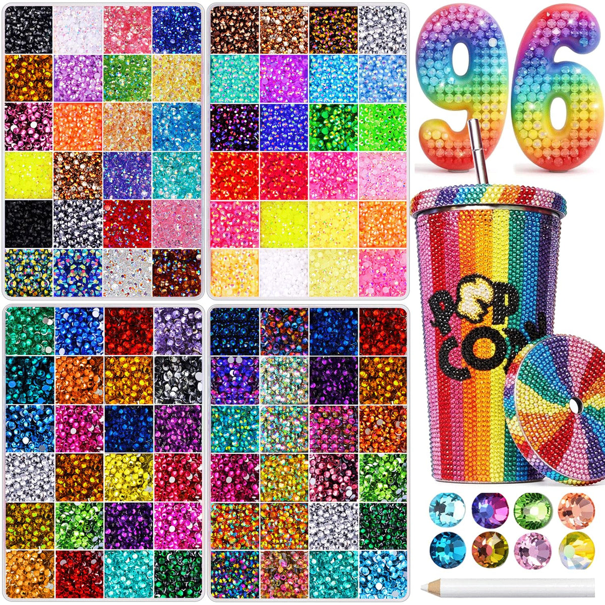 DIYCICO front packaging showing 96,000 rhinestones and pickup pen, clear organization benefit