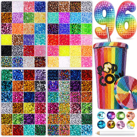DIYCICO front packaging showing 96,000 rhinestones and pickup pen, clear organization benefit