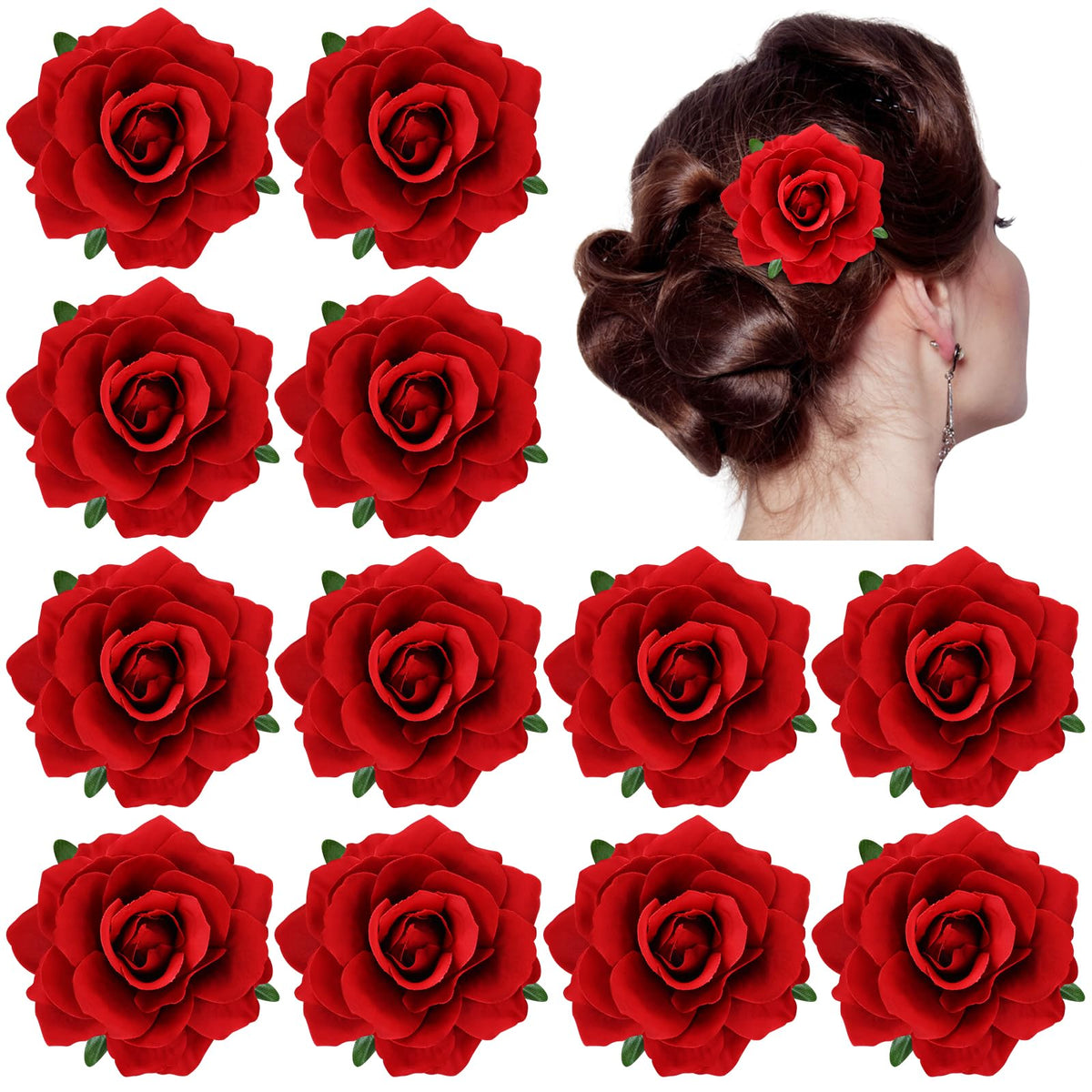 Dizila front view of 12-pack red rose brooches showing bold color and packaging benefit: easy gifting