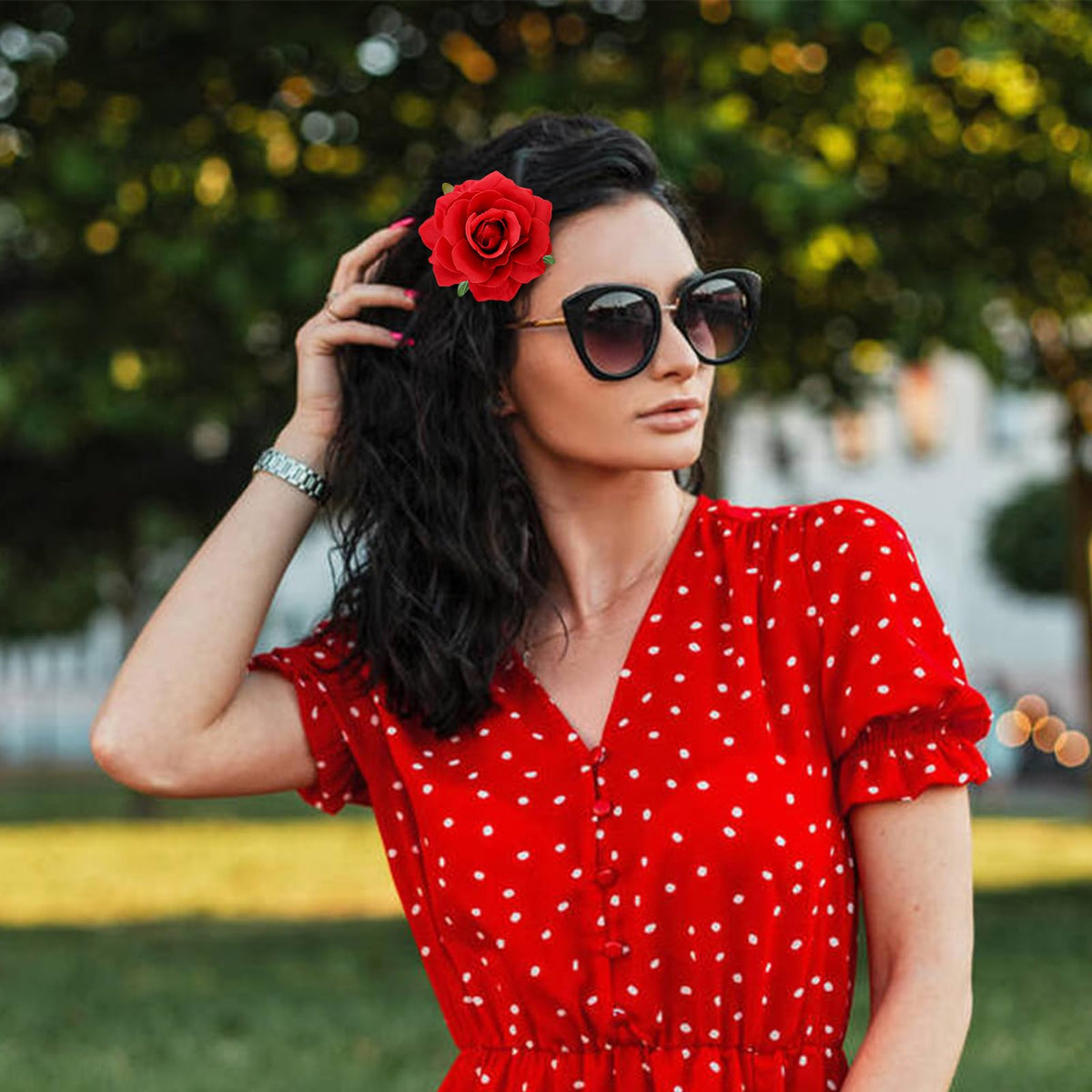 Dizila model wearing rose clip in styled hair demonstrating secure hold and visual impact