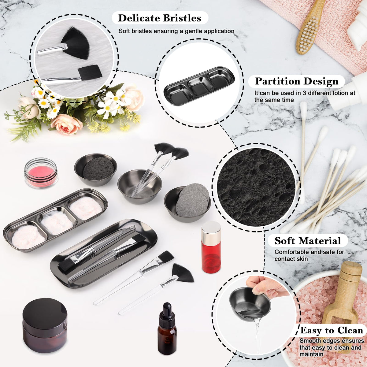 DLUGOPIS fan and flat facial brushes close detail, precise and even product application
