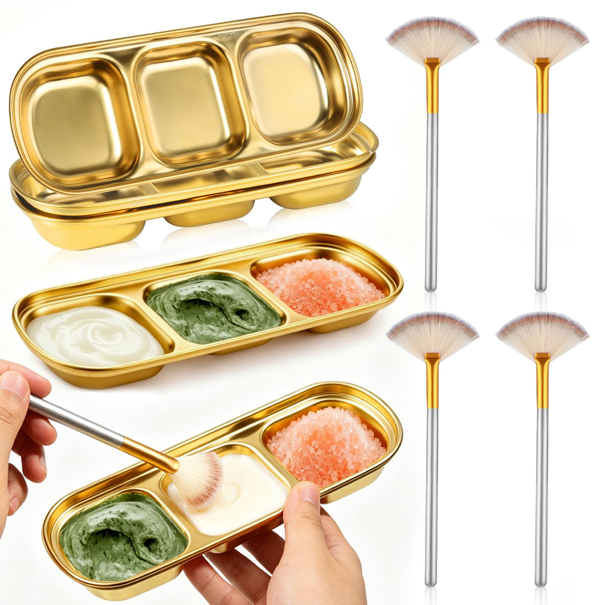 DLUGOPIS front view showing gold trays and brushes, professional organization benefit