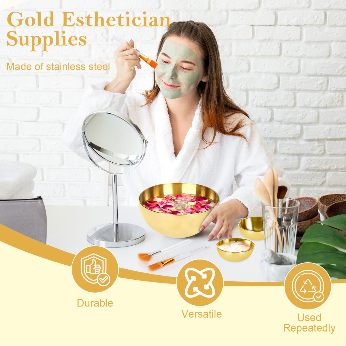 DLUGOPIS gold three-compartment serving tray organizing lotions, powders and tools