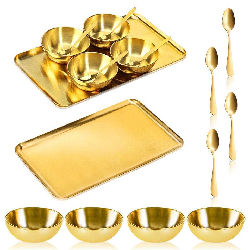DLUGOPIS gold facial tray front view showing organized presentation and tidy storage