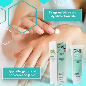 DML open jar with cream on fingertip demonstrating easy dispensing and non-greasy finish