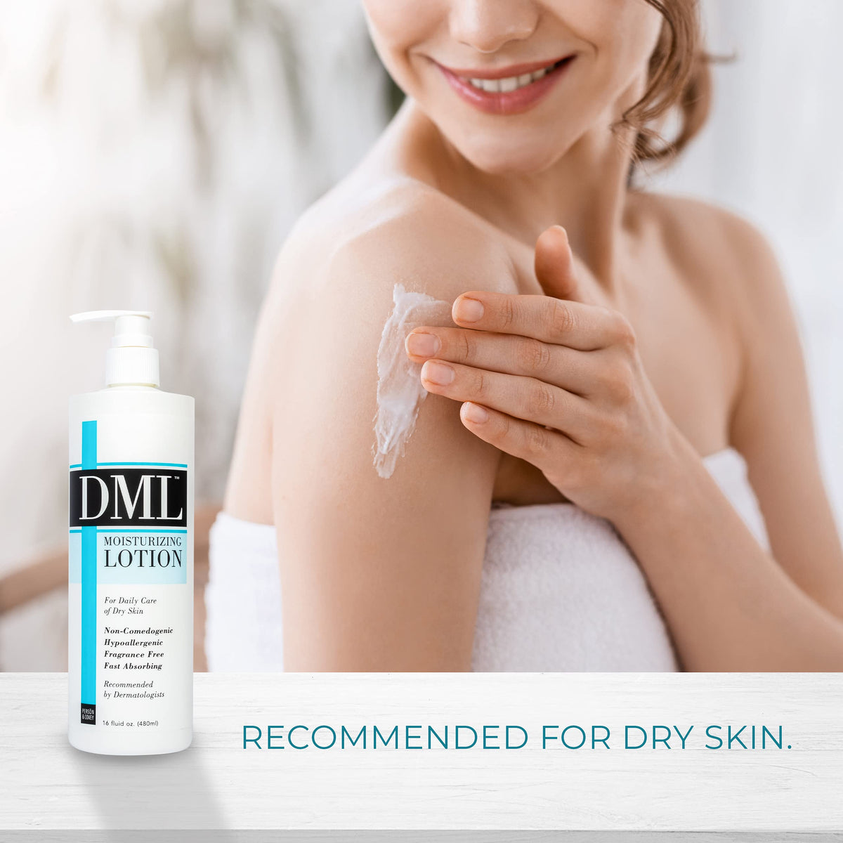 DML lotion in bathroom setting promoting daily skincare routine