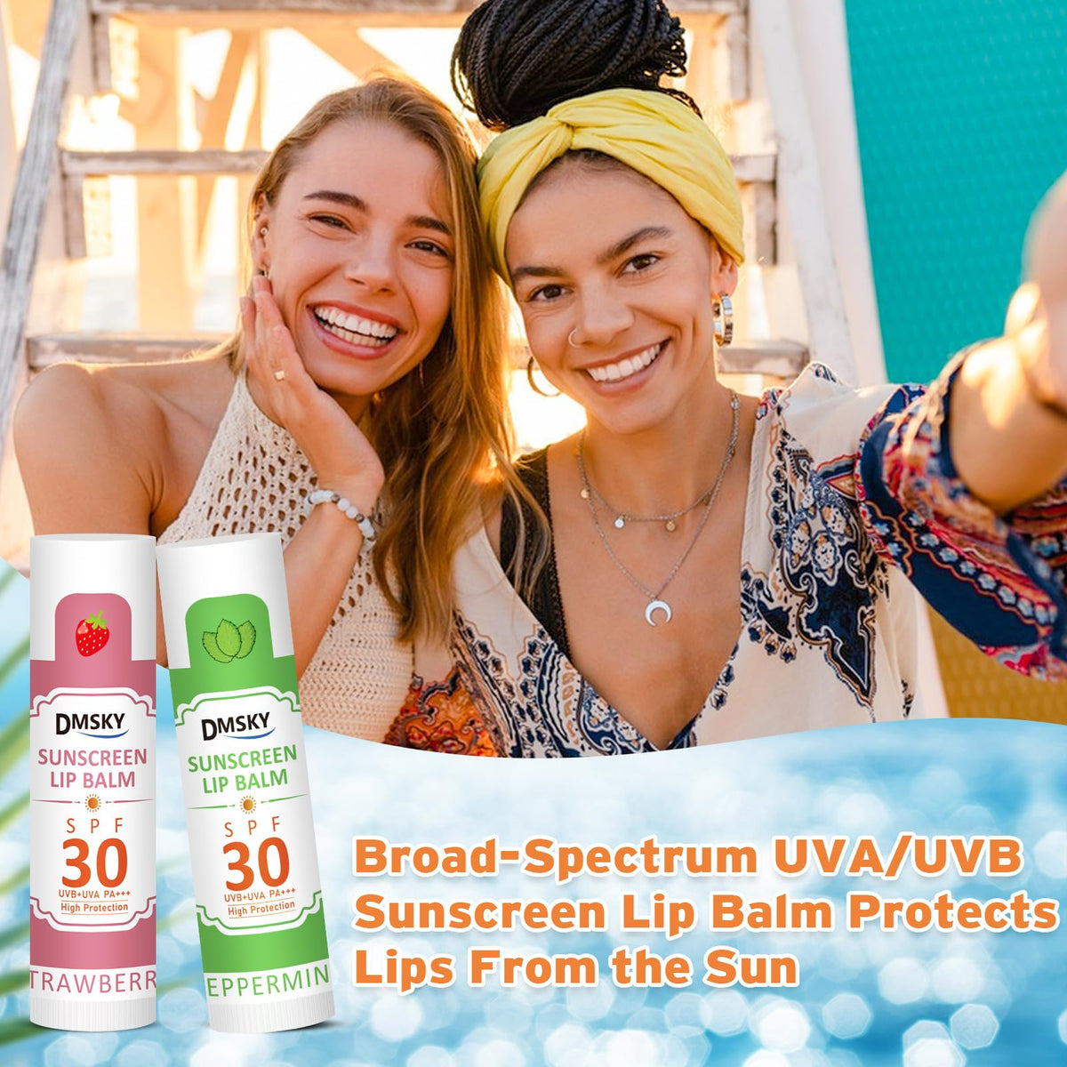 Dmsky beach lifestyle setup with lip balms in a bag for on-the-go sun protection benefit