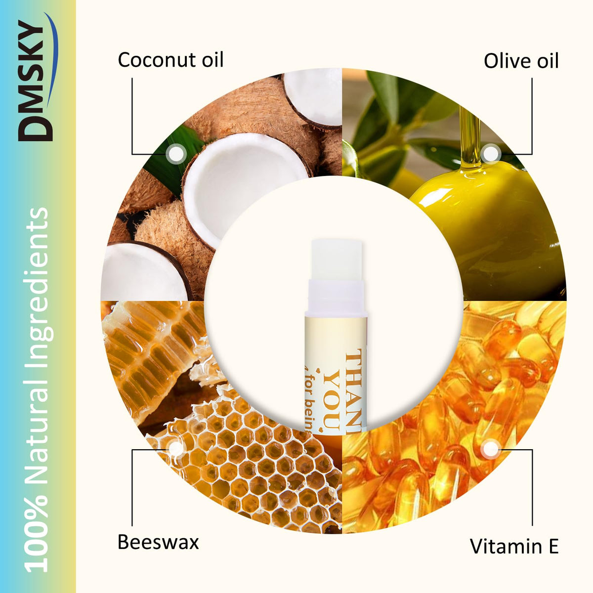 Dmsky close-up of a single lip balm tube highlighting vanilla scent and moisturizing benefit