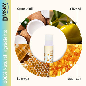 Dmsky close-up of a single lip balm tube highlighting vanilla scent and moisturizing benefit