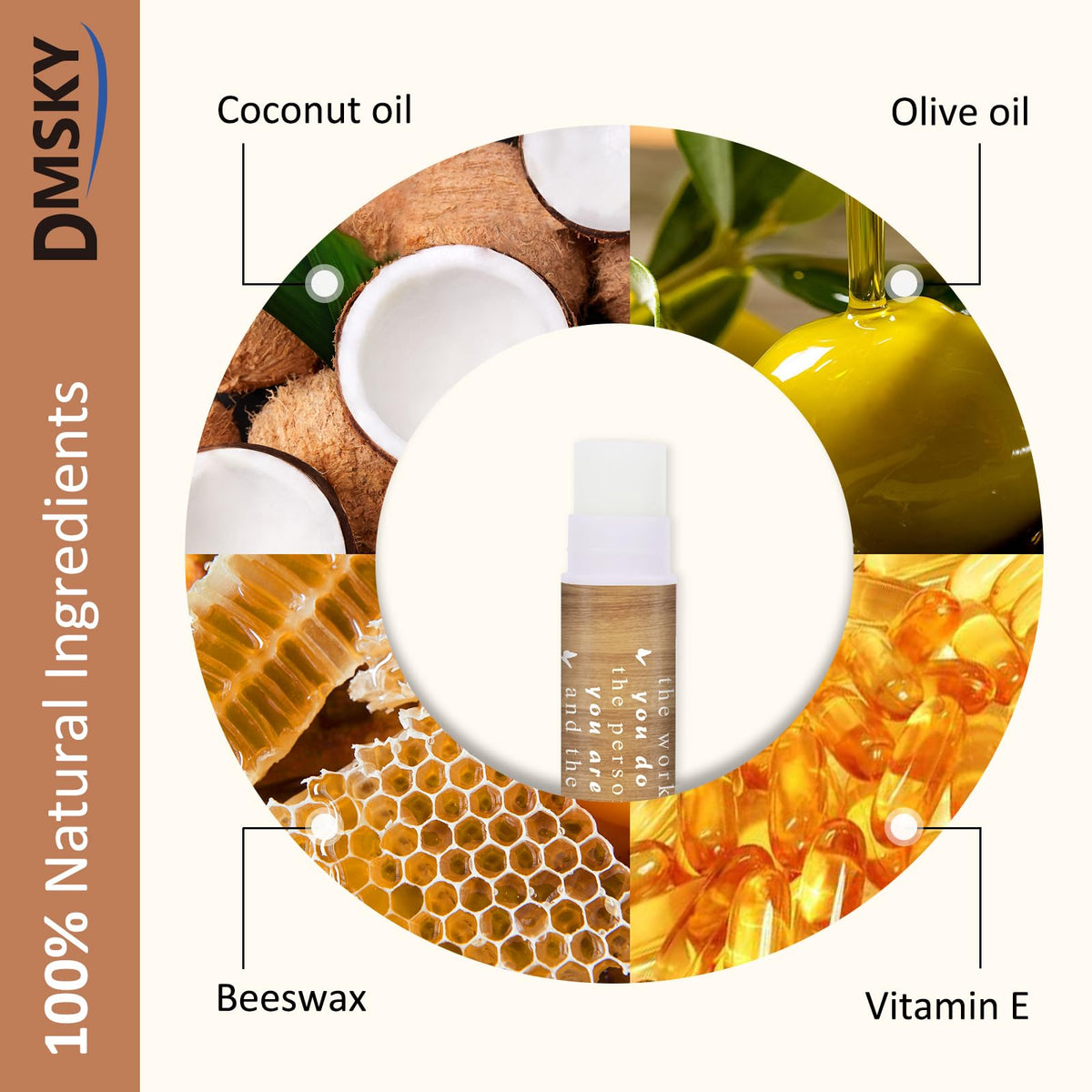 Dmsky close-up of a single tube emphasizing smooth balm and moisturization