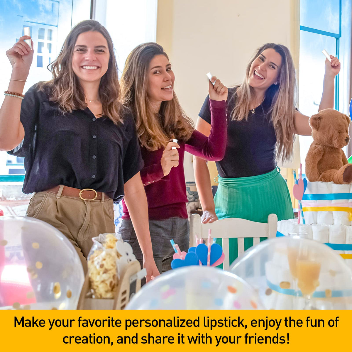 DMSKY lip balms arranged in a party favor display suggesting easy guest distribution