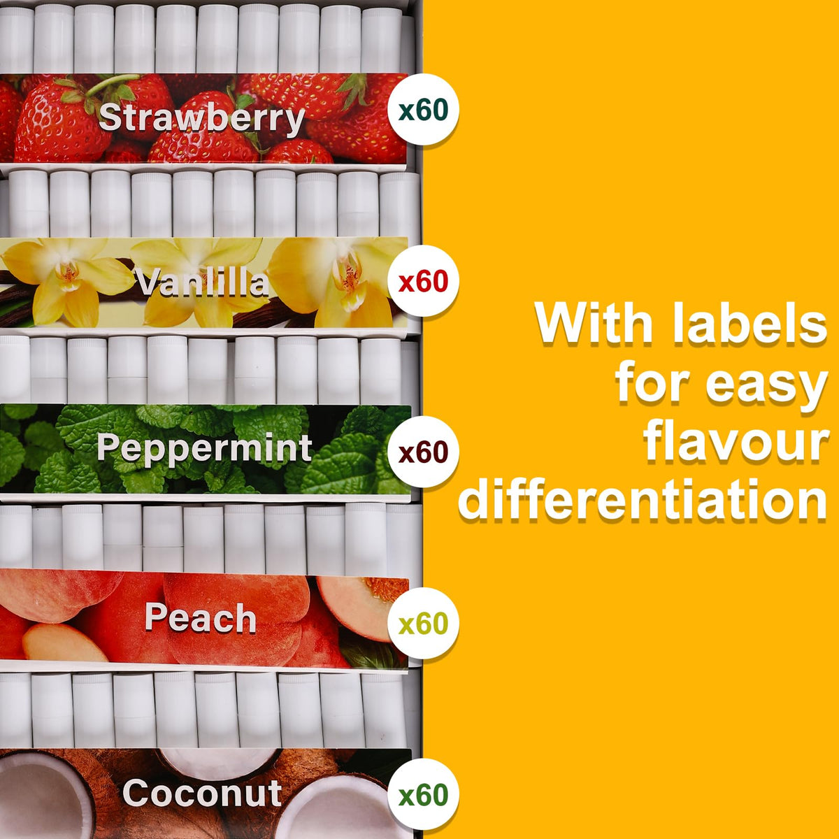 DMSKY close-up of five flavored balm tops showing color variation and selection benefit