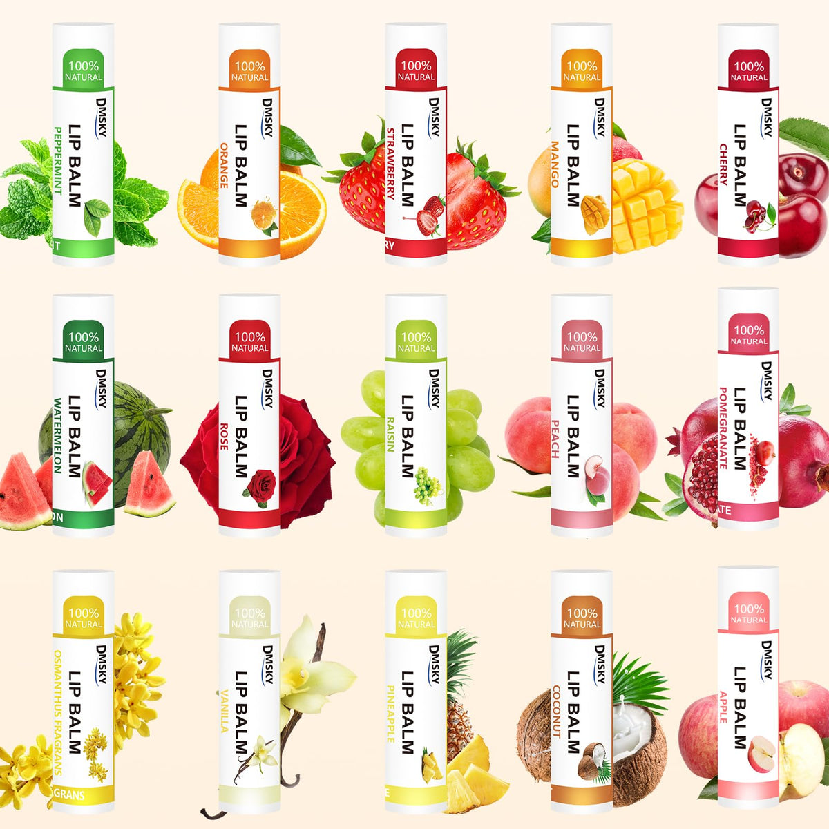 Dmsky close-up of 12 flavored lip balm tubes arranged to show color and choice