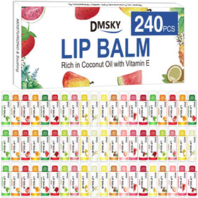 Dmsky front packaging showing 240-count bulk lip balms and flavor variety