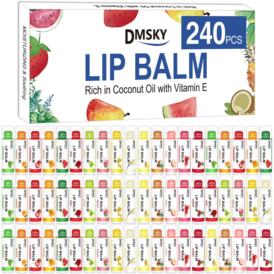 Dmsky front packaging showing 240-count bulk lip balms and flavor variety
