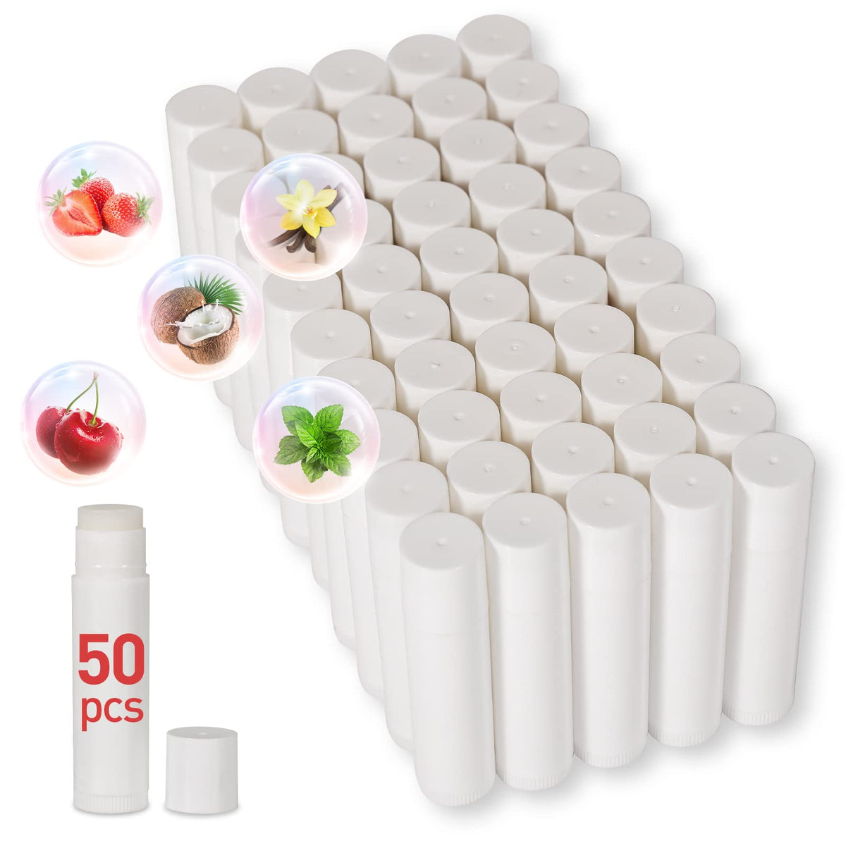 DMSKY front packaging showing 50 unlabeled lip balm tubes and flavor layout for easy event planning