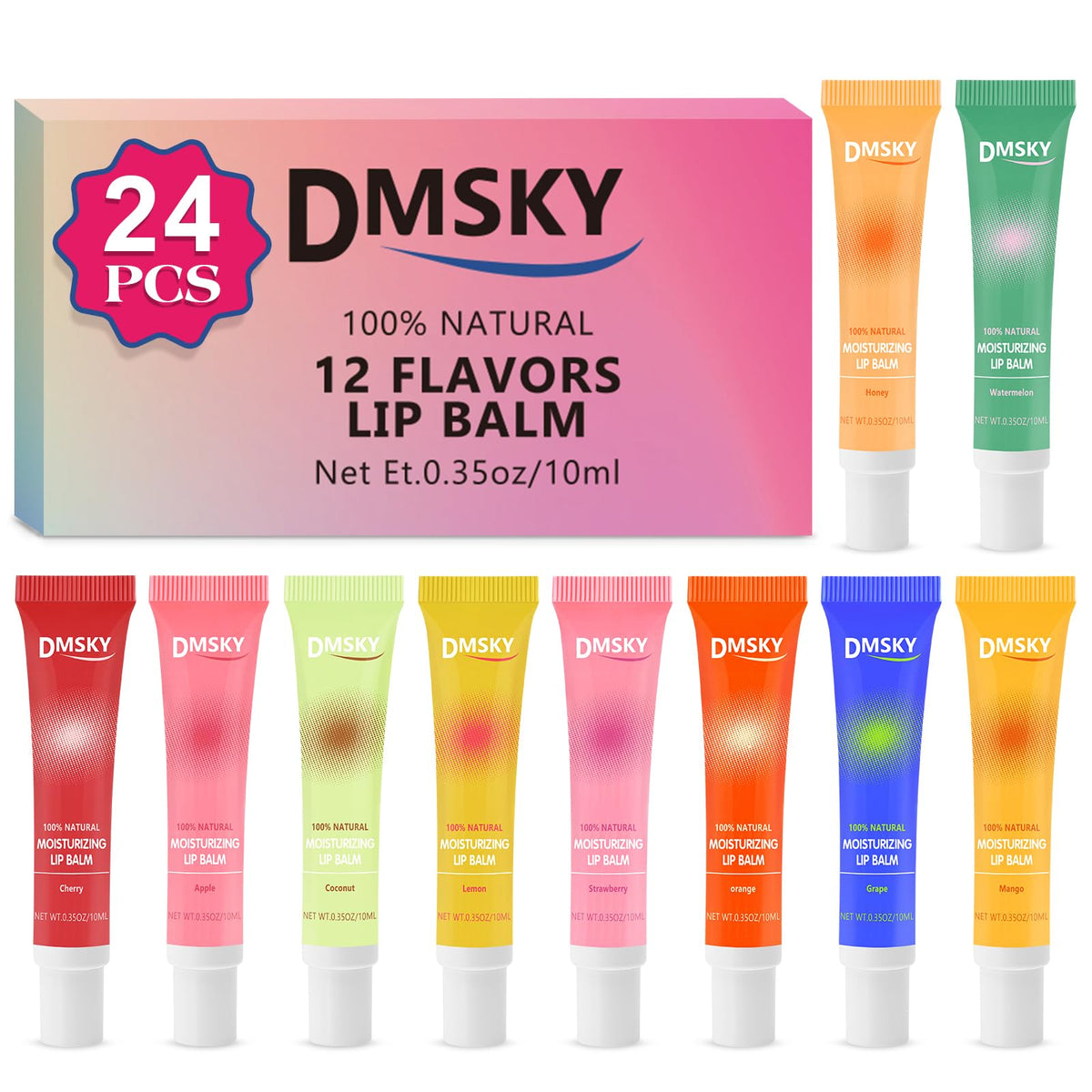 Dmsky front packaging showing 24 clear gloss tubes and brand benefit hydration