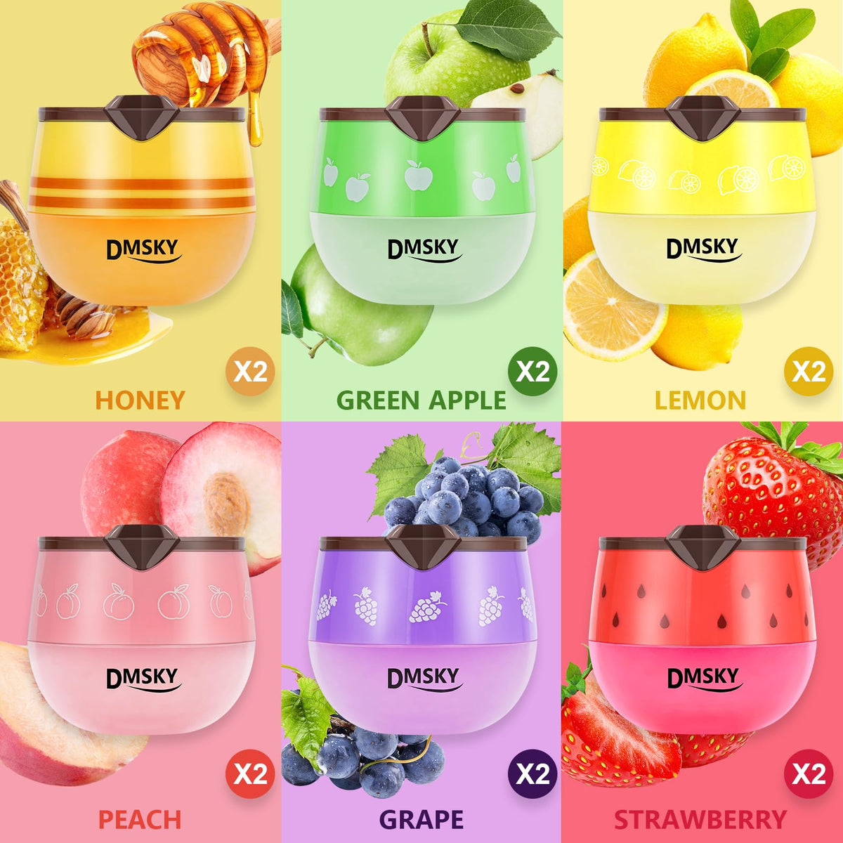 Dmsky open jar texture close-up highlighting silky balm that hydrates lips