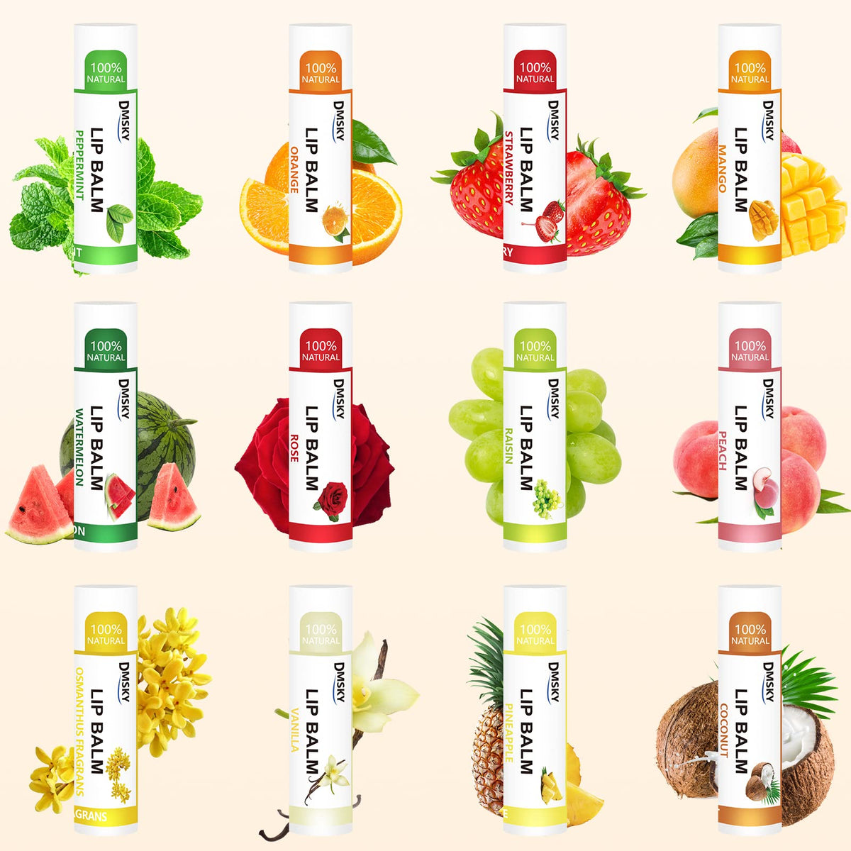 DMSKY scattered lip balm tubes highlighting variety and easy grab-and-go benefit