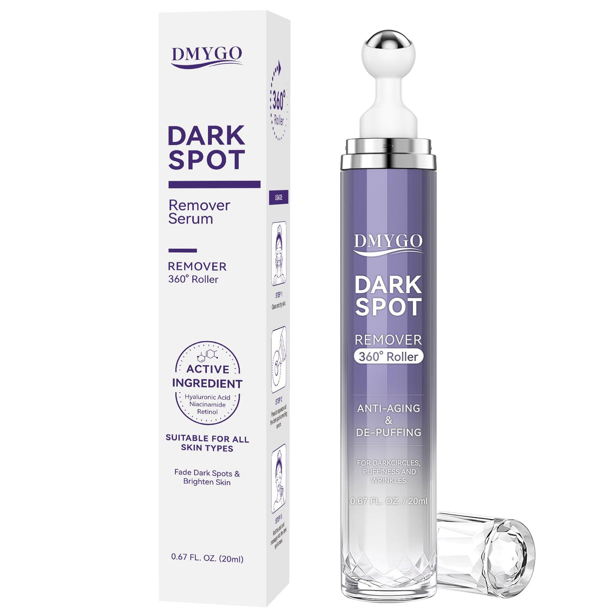 DMYGO front packaging showing compact dark spot remover, travel-friendly