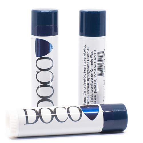 DOCO DocoShield front packaging showing three lip balm sticks and clear branding for consistent care