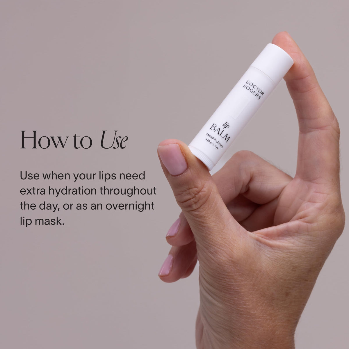 Doctor Rogers lip balm being applied to lips for soft, soothed feel