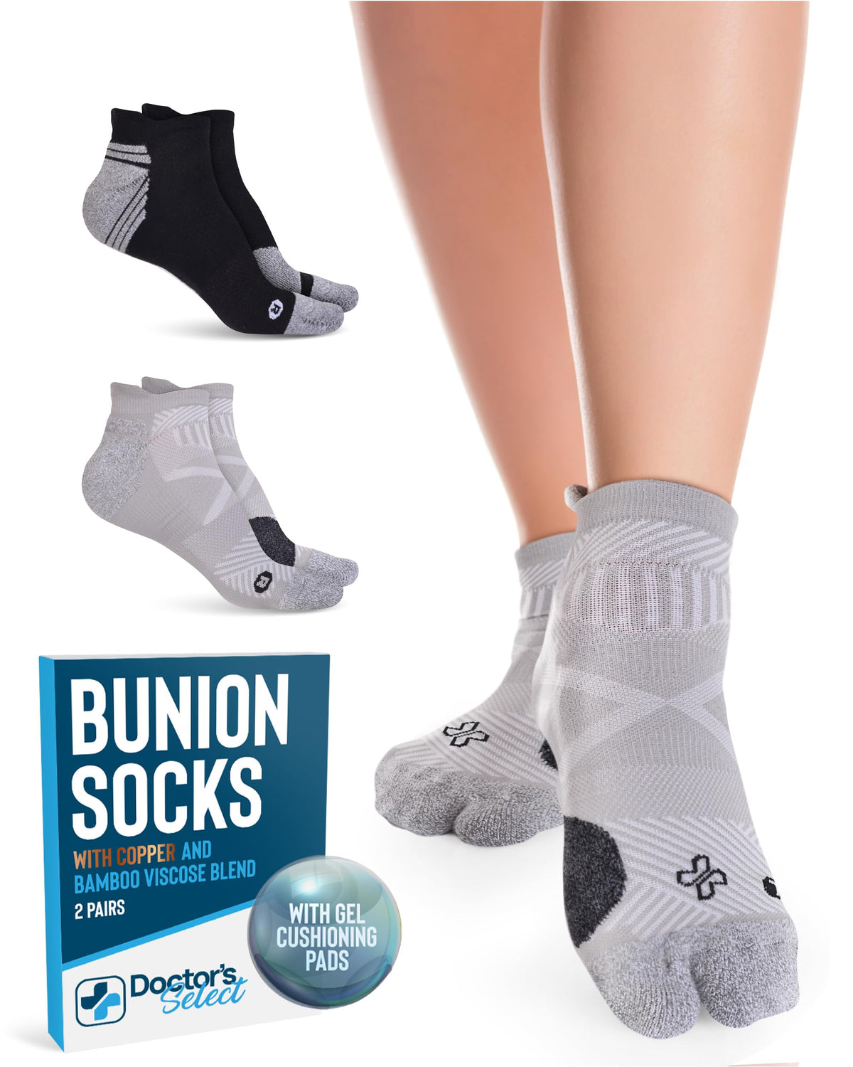 Doctor's Select front view of two-pair bunion socks showing colors and packaging, comfortable fit
