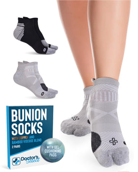Doctor's Select front view of two-pair bunion socks showing colors and packaging, comfortable fit