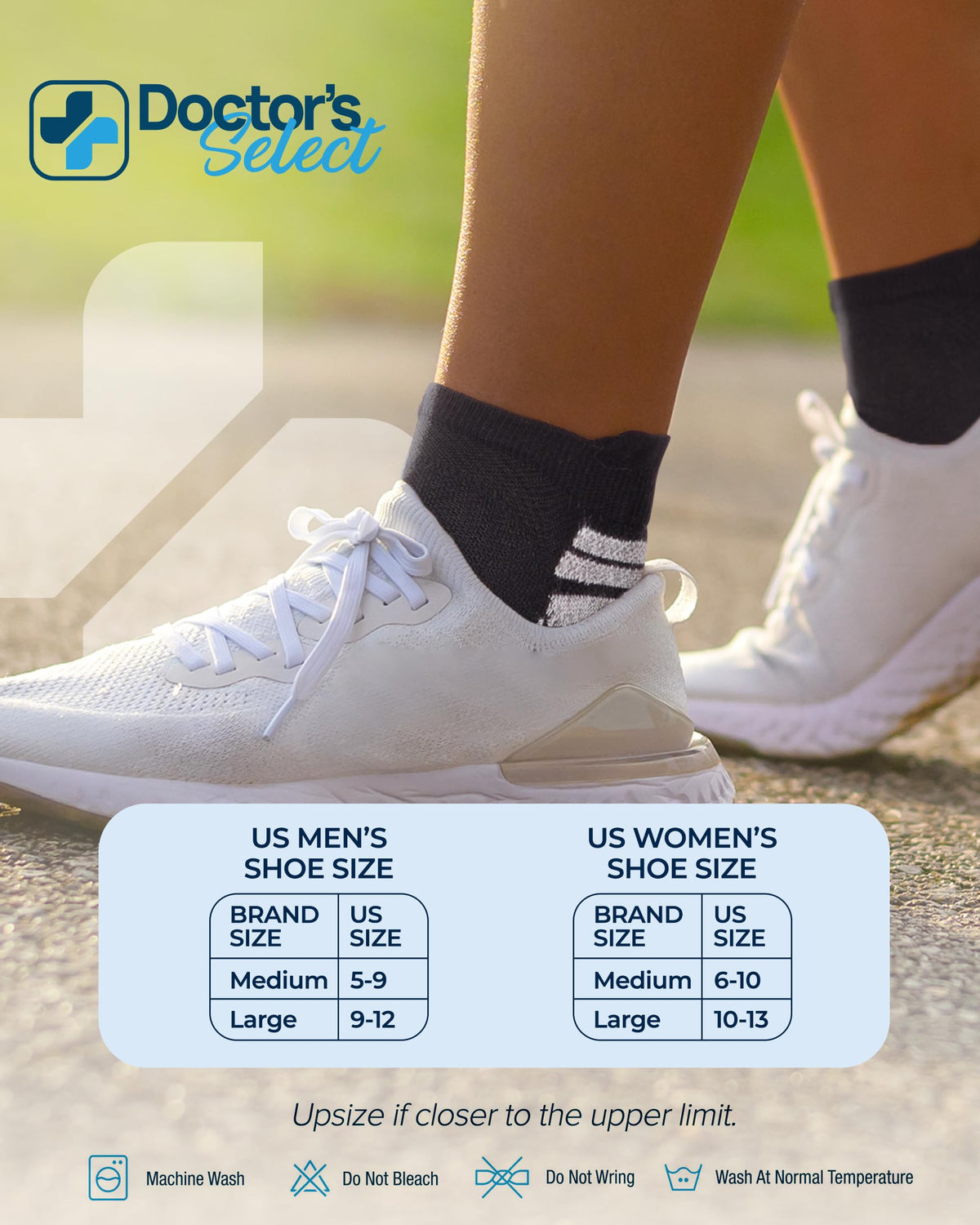 Doctor's Select lifestyle shot walking in sneakers showing cushioned comfort and support