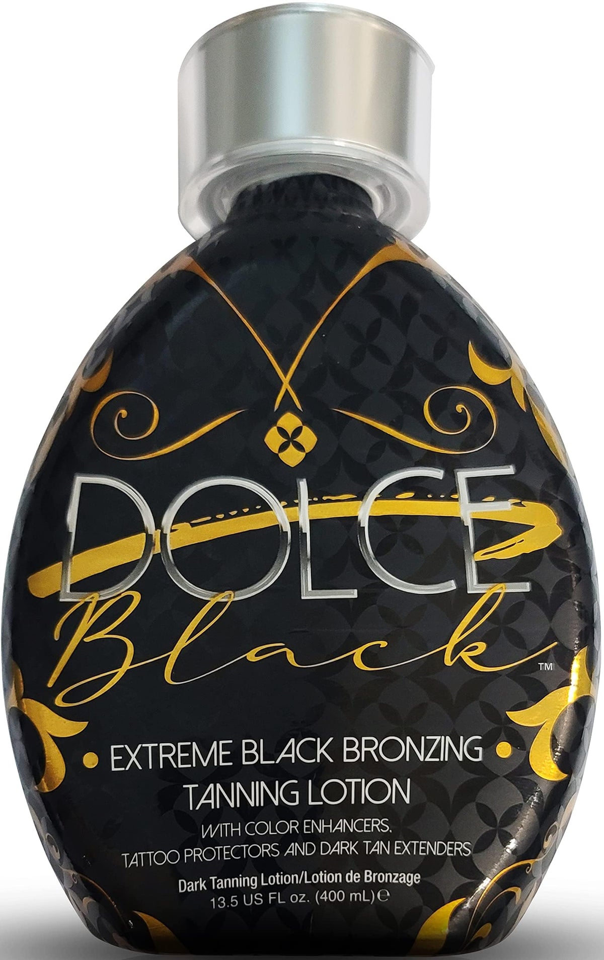 Dolce Black before and after on skin showing deeper natural bronze