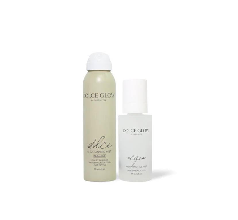 Dolce Glow bundle front packaging showing both travel-size mists for portable radiance