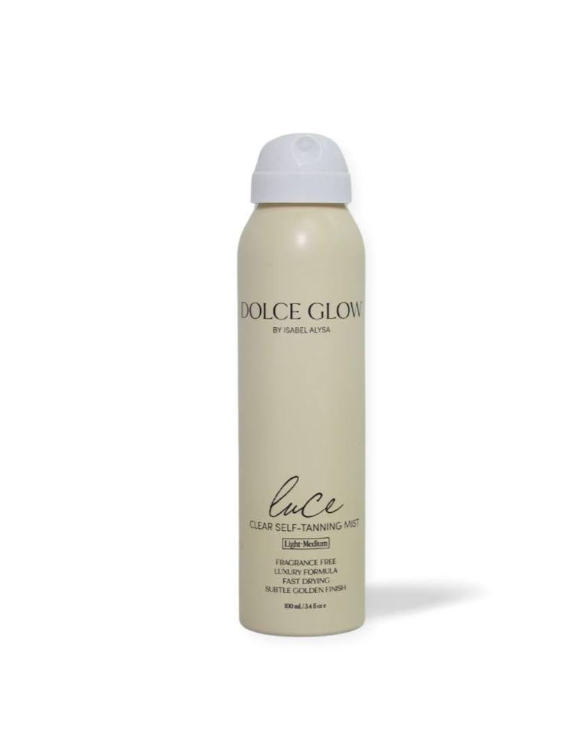 DOLCE GLOW front packaging showing travel-size tan spray for easy portability