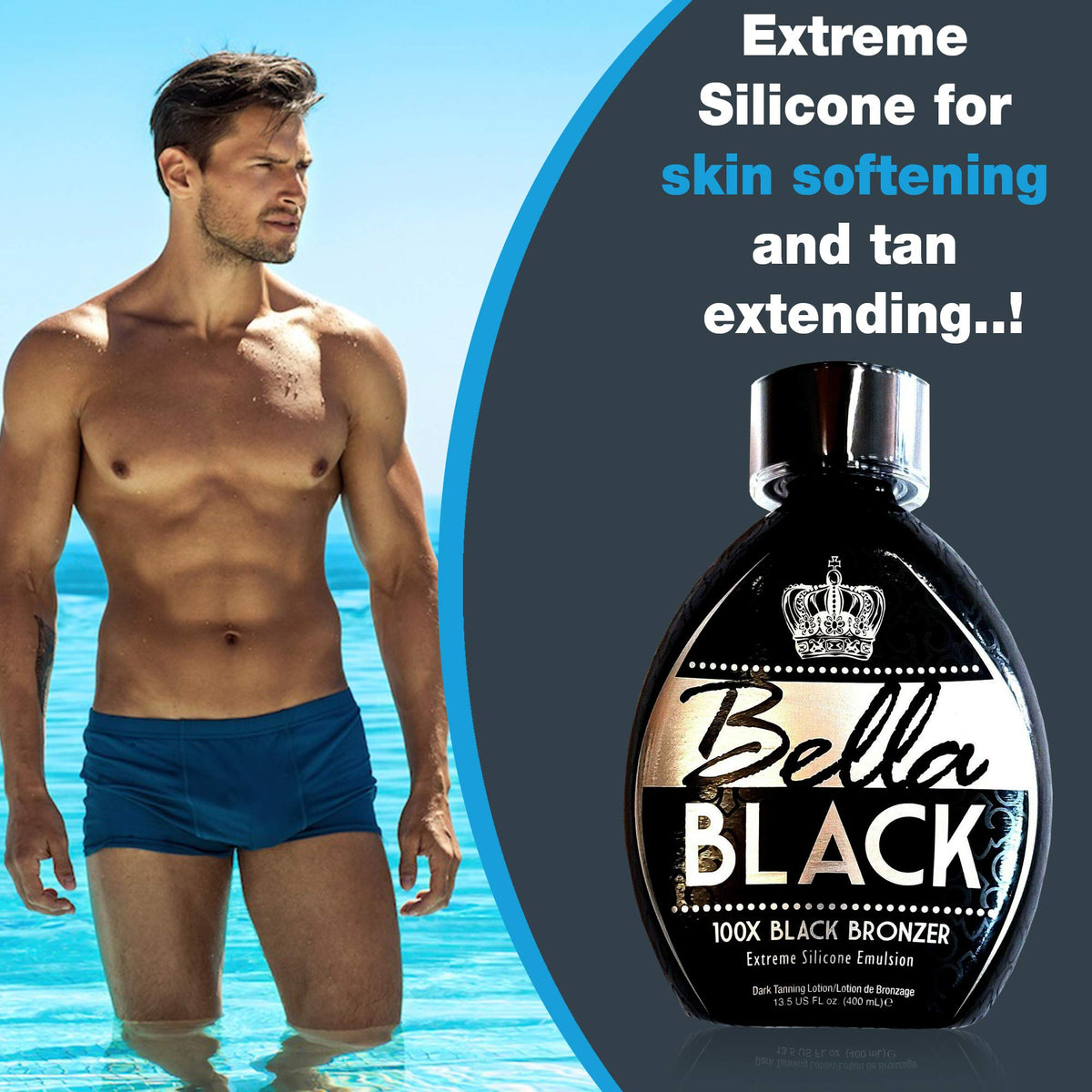 Dolce Vita Bella Black bottle beside indoor tanning bed showing intended usage
