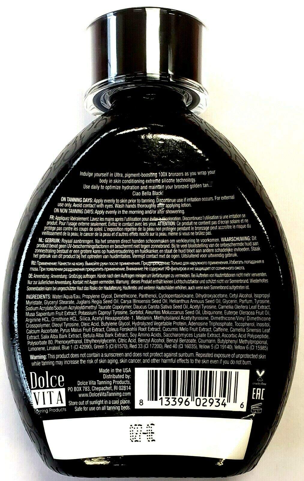 Dolce Vita Bella Black lotion texture close-up demonstrating silky silicone emulsion glow