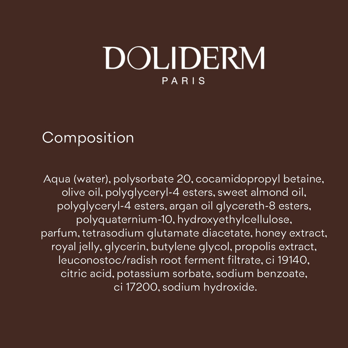 Doliderm bottle styled in bathroom conveying luxurious ritual and comforting scent benefit