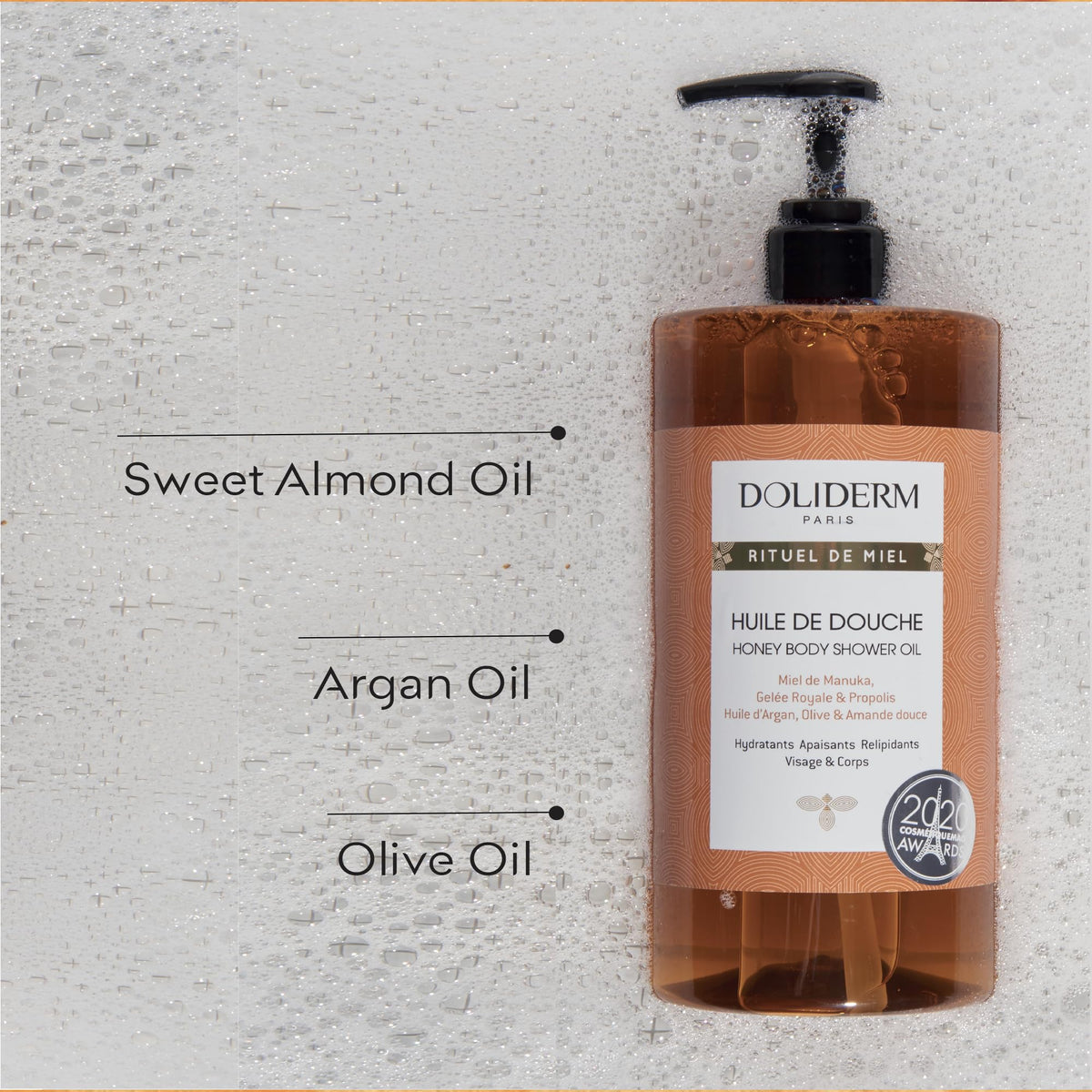 Doliderm oil texture on hand illustrating silky lather and instant softening benefit
