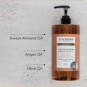 Doliderm oil texture on hand illustrating silky lather and instant softening benefit