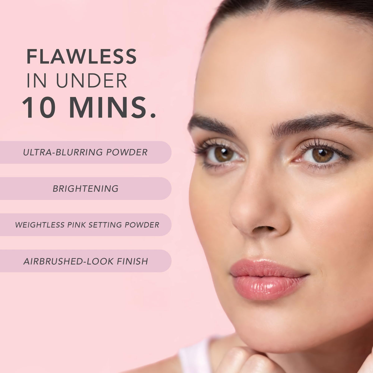DOLL 10 pressed powder pan displaying pink brightening spheres and matte luminous effect