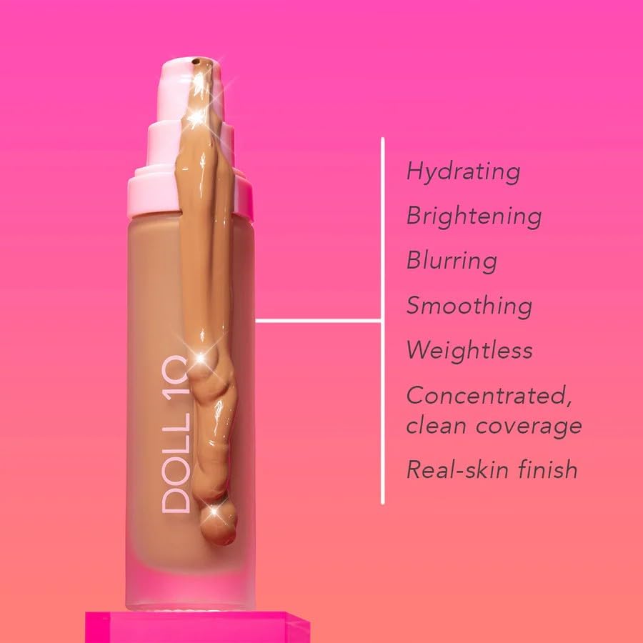 DOLL 10 foundation applied to hand demonstrating coverage and hydrating finish benefit
