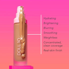 DOLL 10 foundation applied to hand demonstrating coverage and hydrating finish benefit