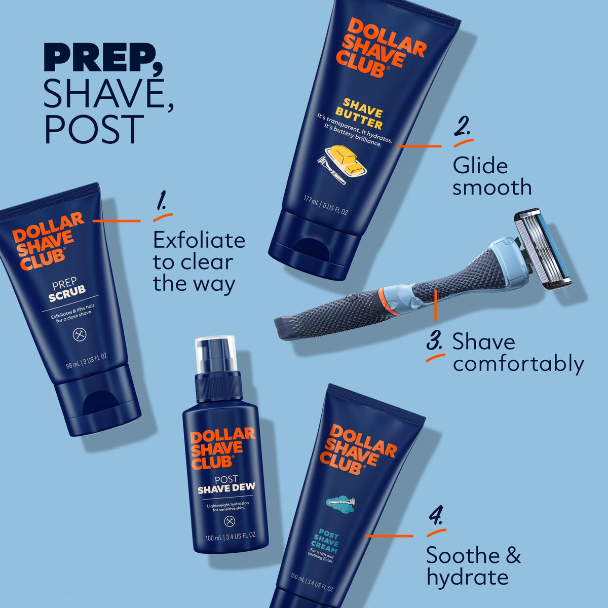 Dollar Shave Club ingredients display with walnut shells and jojoba for exfoliation and conditioning