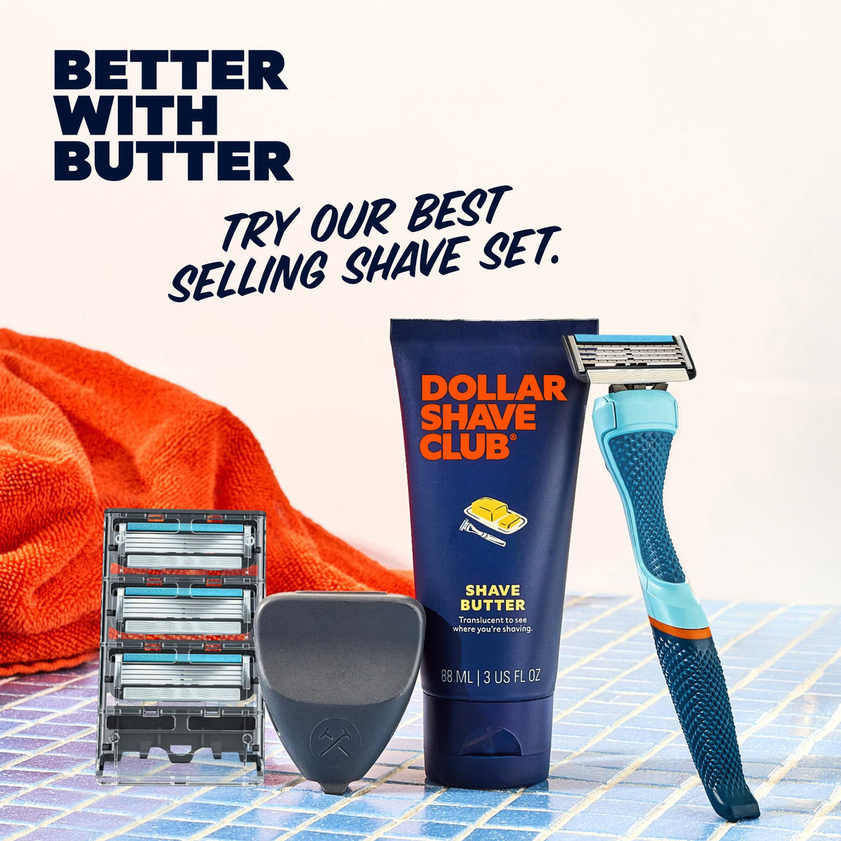 Dollar Shave Club 3 ounce tube beside common items to show compact travel size benefit