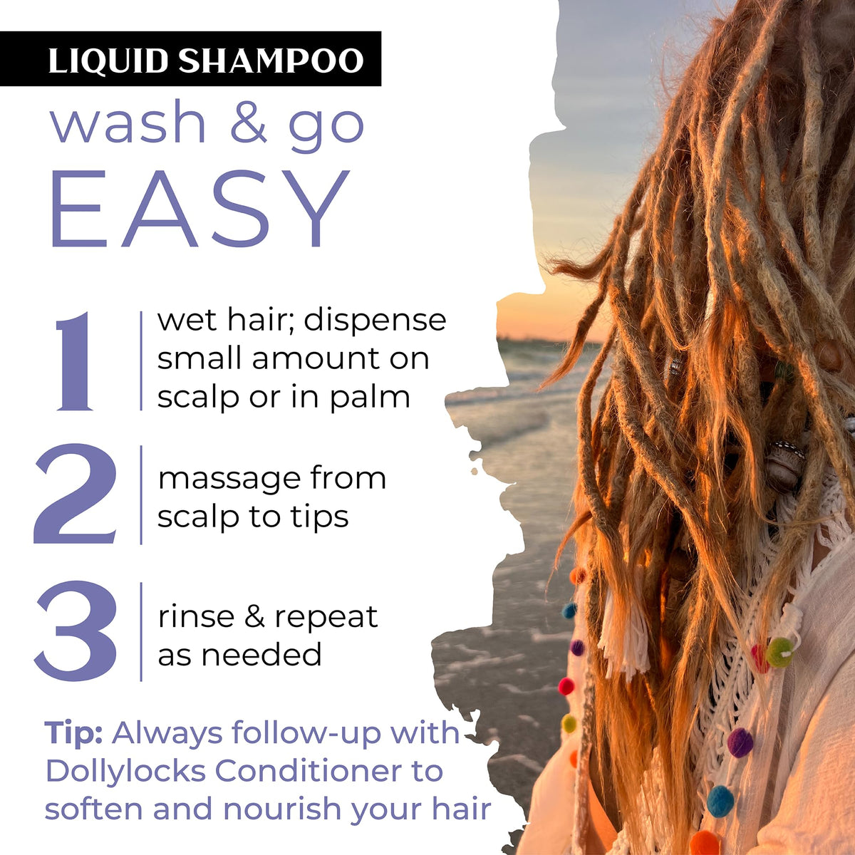 Dollylocks in-shower on textured locs demonstrating gentle cleansing action