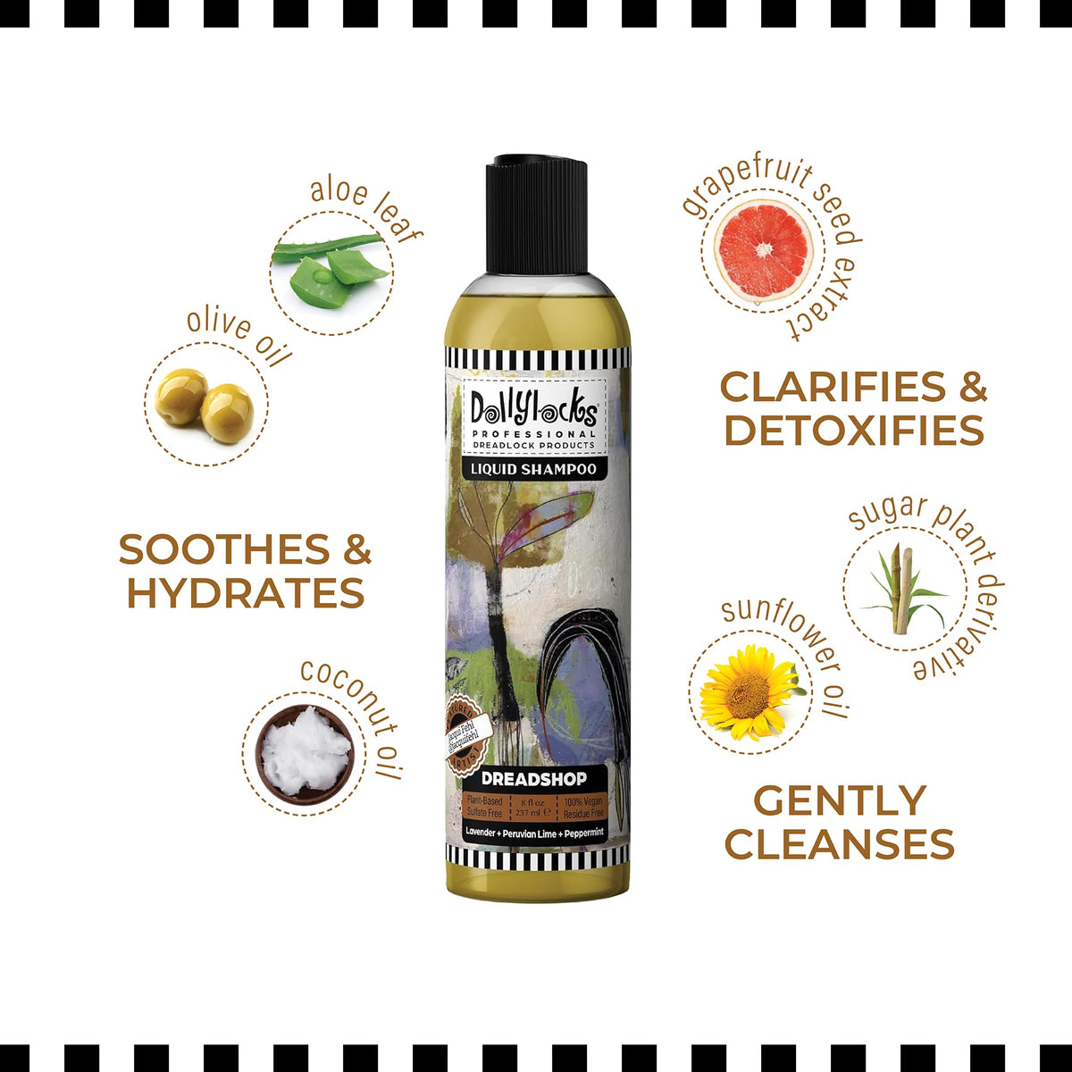 Dollylocks ingredient label and recycled packaging emphasizing ethical sourcing
