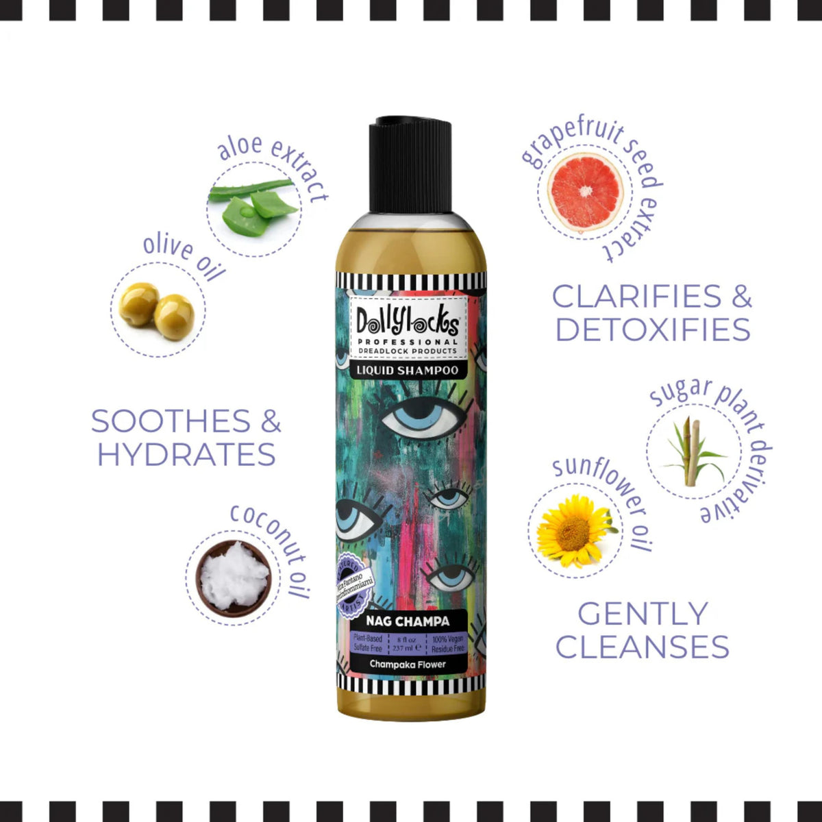 Dollylocks label close-up showing plant-based ingredients and certifications