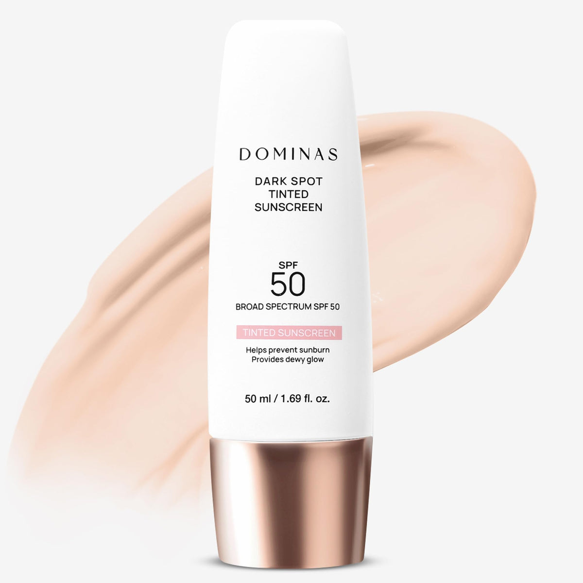DOMINAS front packaging showing SPF 50 and tinted sunscreen benefits