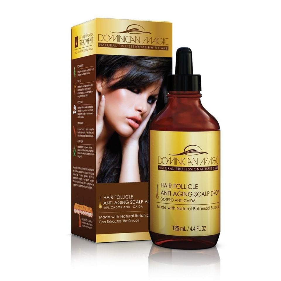 DOMINICAN MAGIC front packaging showing label and product benefits for scalp hydration
